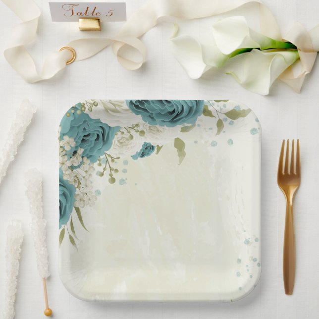 blue white flowers greenery wedding paper plates (Wedding)