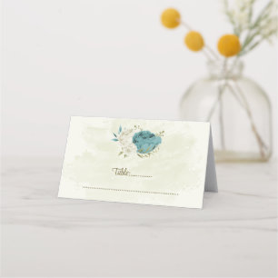 blue white flowers greenery wedding place card