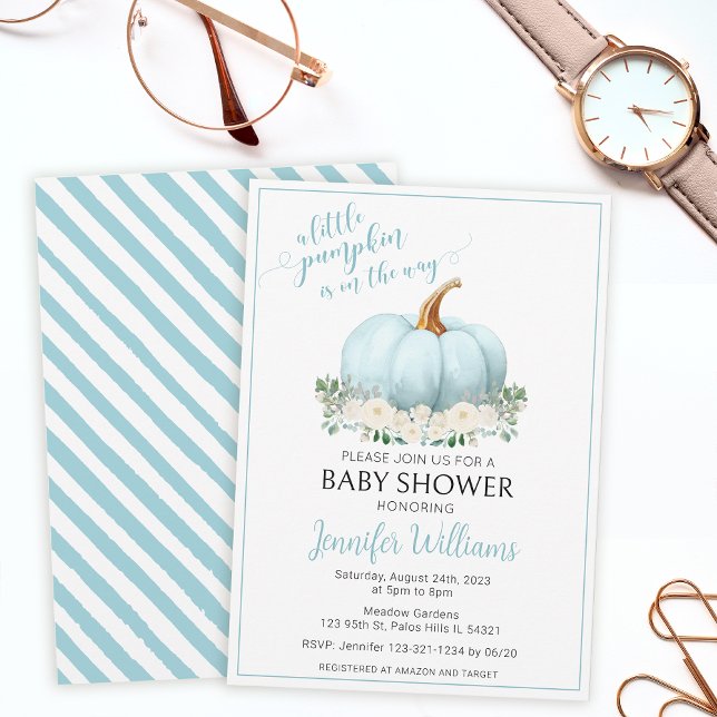 Blue white flowers little pumpkin baby boy shower invitation (Creator Uploaded)