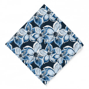  Blue, white flowers on a black background.  Bandana