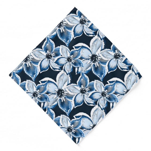  Blue, white flowers on a black background.  Bandana (Front)