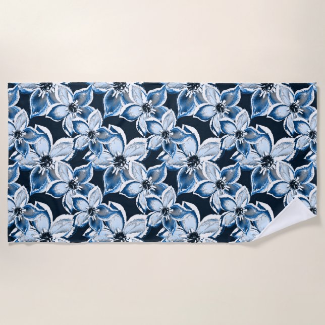  Blue, white flowers on a black background.  Beach Towel (Front)