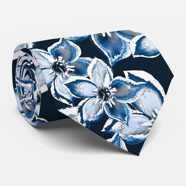  Blue, white flowers on a black background.  Neck Tie (Rolled)