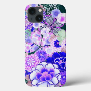 BLUE WHITE FLOWERS Peony,Roses Japanese Floral Cas iPhone 13 Case
