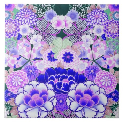 BLUE WHITE FLOWERS PeonyRoses Japanese Floral  Ceramic Tile