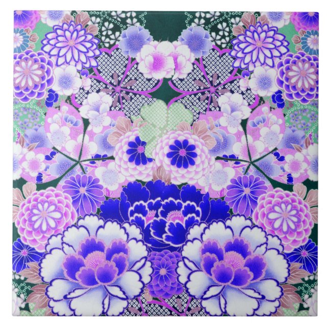 BLUE WHITE FLOWERS Peony,Roses Japanese Floral  Ceramic Tile (Front)