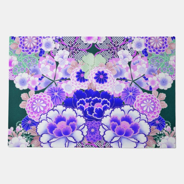 BLUE WHITE FLOWERS Peony,Roses Japanese Floral  Doormat (Front)