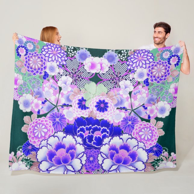 BLUE WHITE FLOWERS Peony,Roses Japanese Floral Fleece Blanket (In Situ)