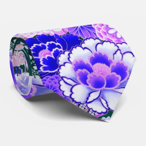BLUE WHITE FLOWERS PeonyRoses Japanese Floral Neck Tie