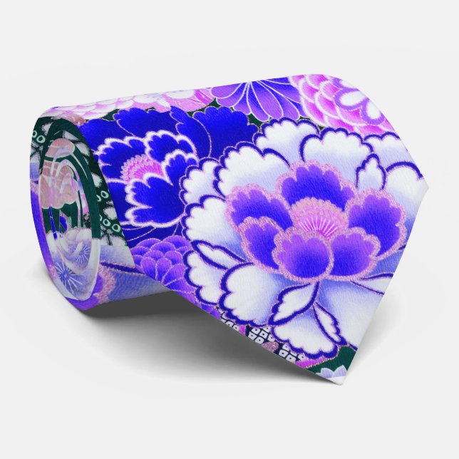 BLUE WHITE FLOWERS Peony,Roses Japanese Floral Neck Tie (Rolled)
