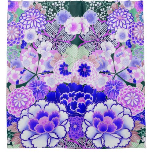 BLUE WHITE FLOWERS PeonyRoses Japanese Floral Shower Curtain