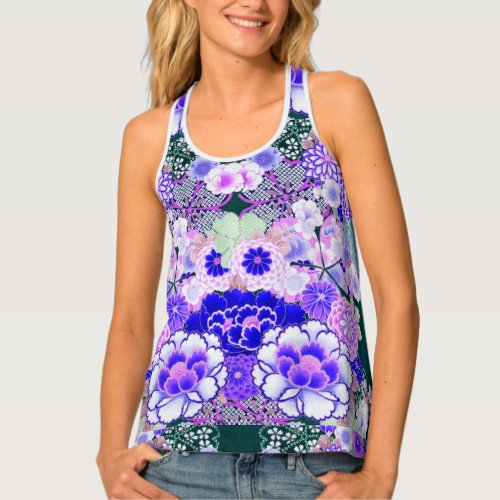 BLUE WHITE FLOWERS PeonyRoses Japanese Floral Tank Top