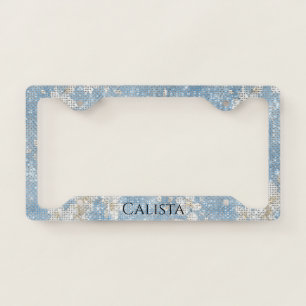 Blue White Flowers Sparkle License Plate Frame