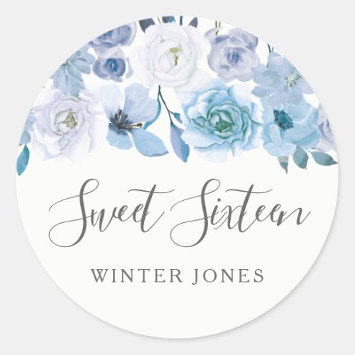 Blue White Flowers Sweet 16 Party Favor Seal