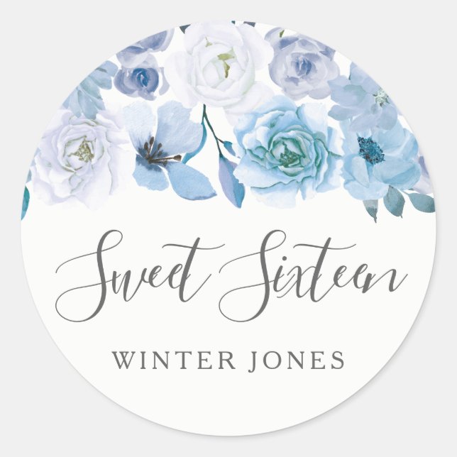 Blue White Flowers Sweet 16 Party Favor Seal (Front)