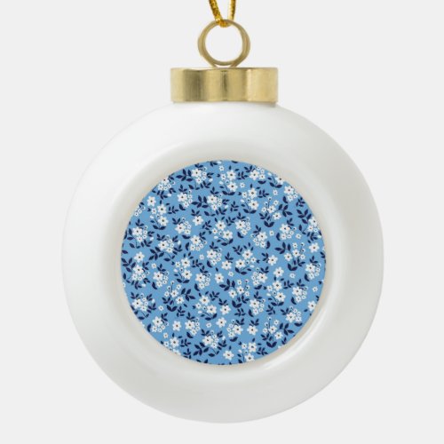 Blue White Flowers Vintage Ceramic Ball Christmas Ornament