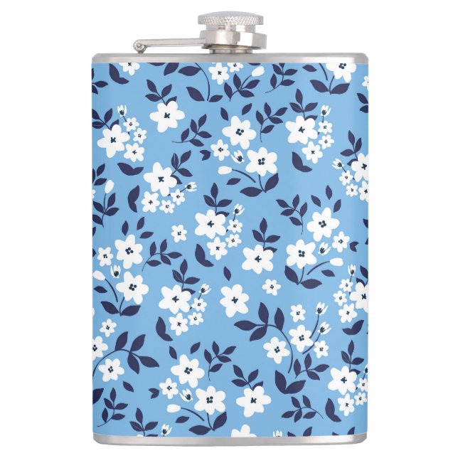 Blue, White Flowers: Vintage Flask (Front)
