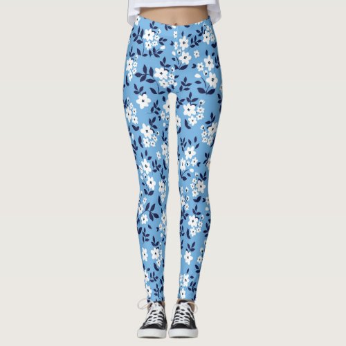 Blue White Flowers Vintage Leggings