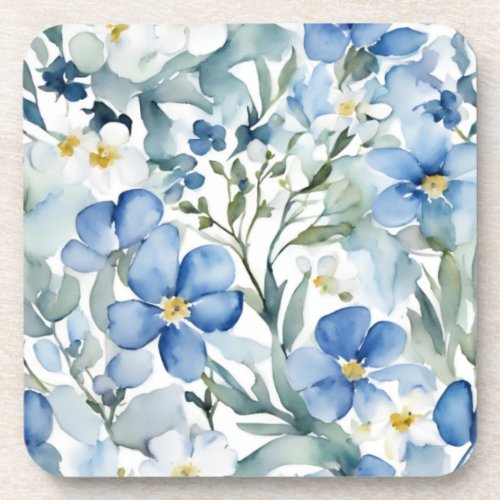 Blue White Flowers Watercolor Chic Beverage Coaster