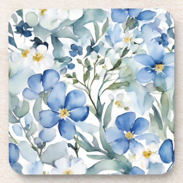 Blue White Flowers Watercolor Chic Beverage Coaster (Front)