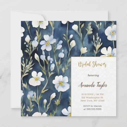 Blue White Flowers Watercolor Chic Bridal Shower Invitation