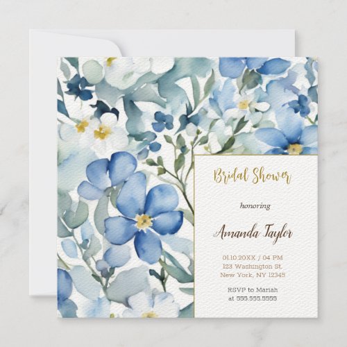 Blue White Flowers Watercolor Chic Bridal Shower Invitation