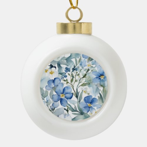 Blue White Flowers Watercolor Chic Ceramic Ball Christmas Ornament