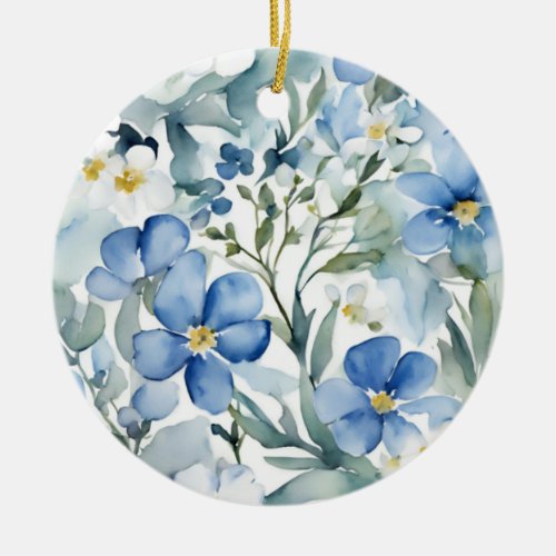 Blue White Flowers Watercolor Chic Ceramic Ornament