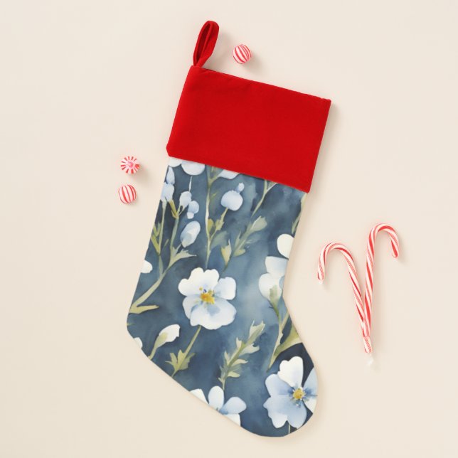 Blue White Flowers Watercolor Chic Christmas Stocking (Front)