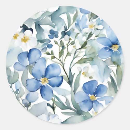 Blue White Flowers Watercolor Chic Classic Round Sticker