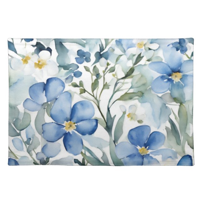 Blue White Flowers Watercolor Chic Cloth Placemat (Front)