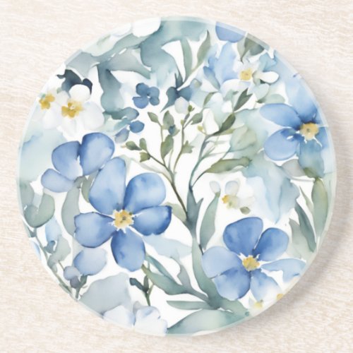 Blue White Flowers Watercolor Chic Coaster