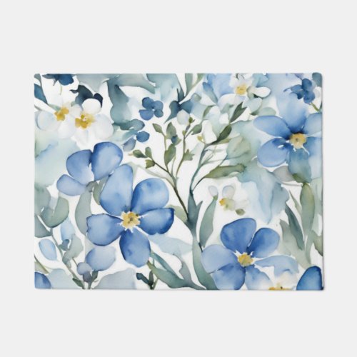 Blue White Flowers Watercolor Chic Doormat