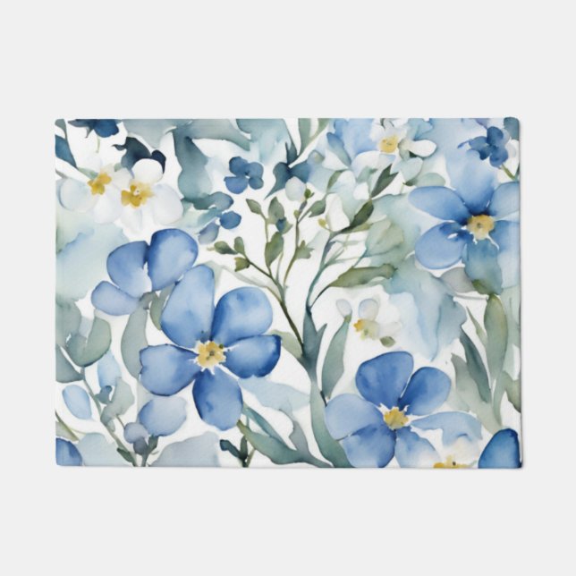 Blue White Flowers Watercolor Chic Doormat (Front)