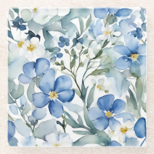 Blue White Flowers Watercolor Chic Glass Coaster