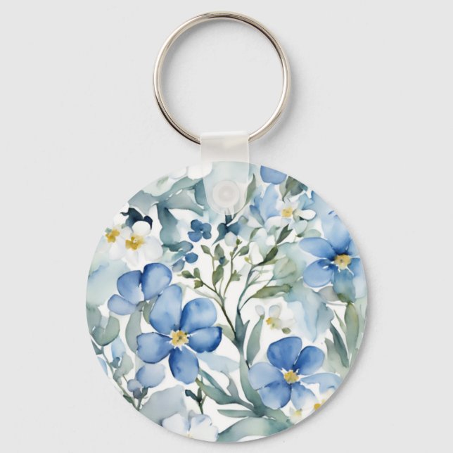 Blue White Flowers Watercolor Chic Keychain (Front)