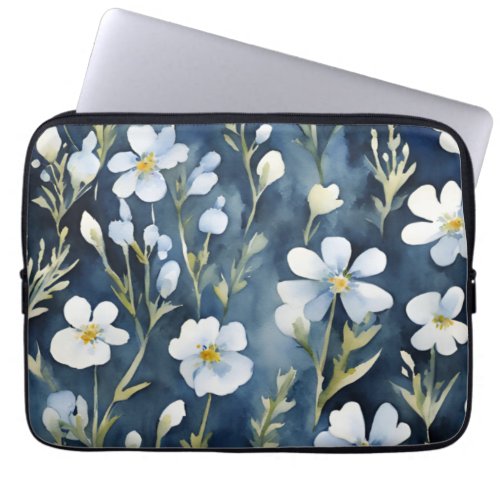 Blue White Flowers Watercolor Chic Laptop Sleeve