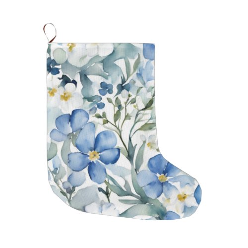 Blue White Flowers Watercolor Chic Large Christmas Stocking