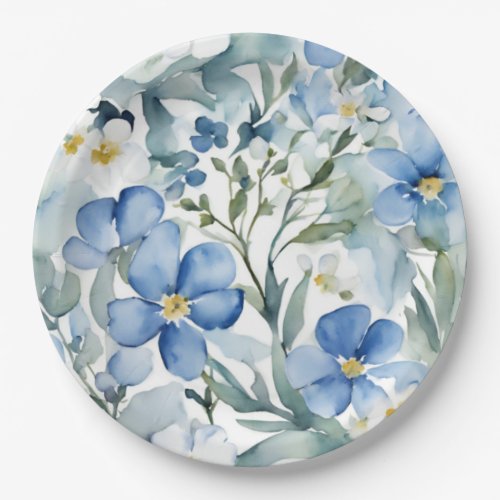 Blue White Flowers Watercolor Chic Paper Plates