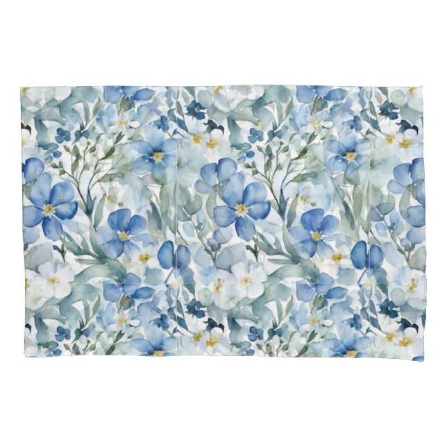 Blue White Flowers Watercolor Chic Pillow Case (Front)