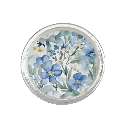 Blue White Flowers Watercolor Chic Ring