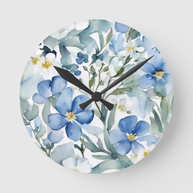 Blue White Flowers Watercolor Chic Round Clock (Front)