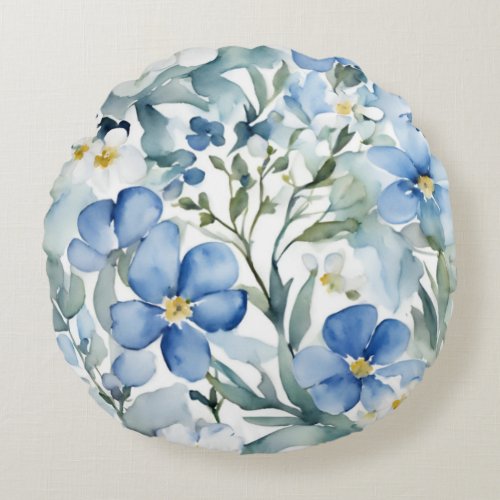 Blue White Flowers Watercolor Chic Round Pillow