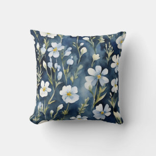 Blue White Flowers Watercolor Chic Throw Pillow