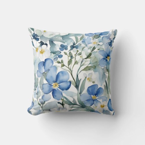 Blue White Flowers Watercolor Chic Throw Pillow