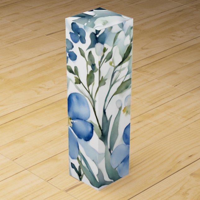 Blue White Flowers Watercolor Chic Wine Box (Front)