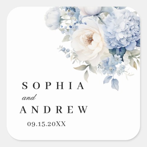 Blue  White Flowers Wedding Square Sticker