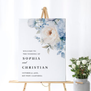 Blue & White Flowers Wedding Welcome Sign