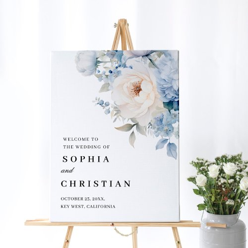 Blue  White Flowers Wedding Welcome Sign