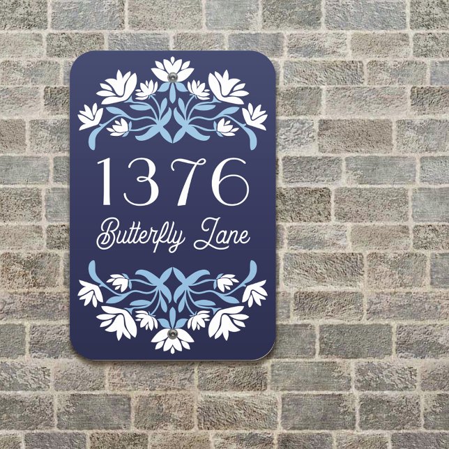 Blue White Folk Floral House Number & Address Metal Sign (Creator Uploaded)